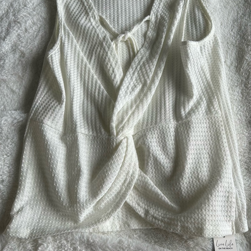 White Ribbed Tie Front Tank Top
